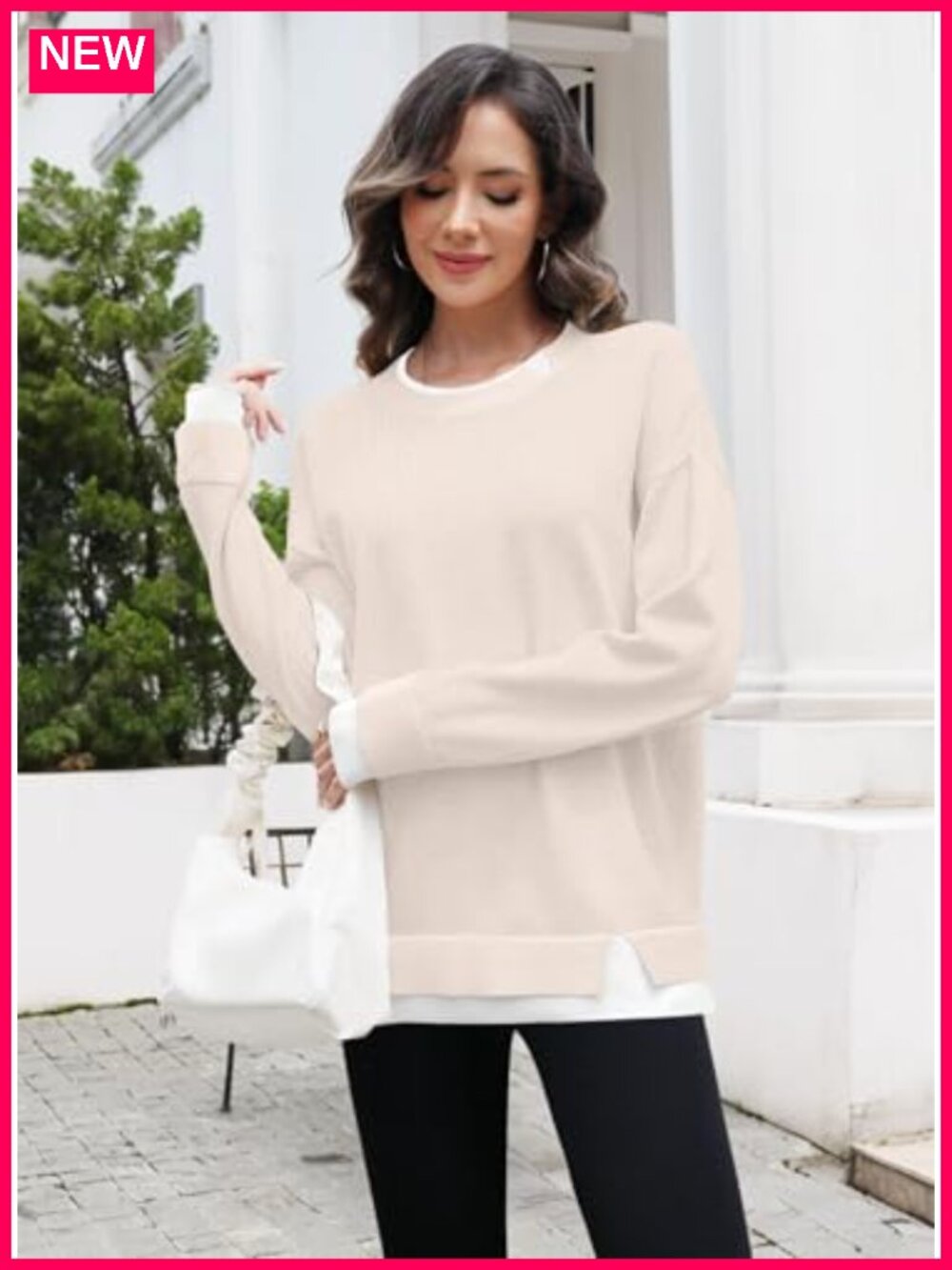 Oversized Knit Pullover Sweater Viscose Blend Long Sleeve Crew Neck - Picture 2 of 6